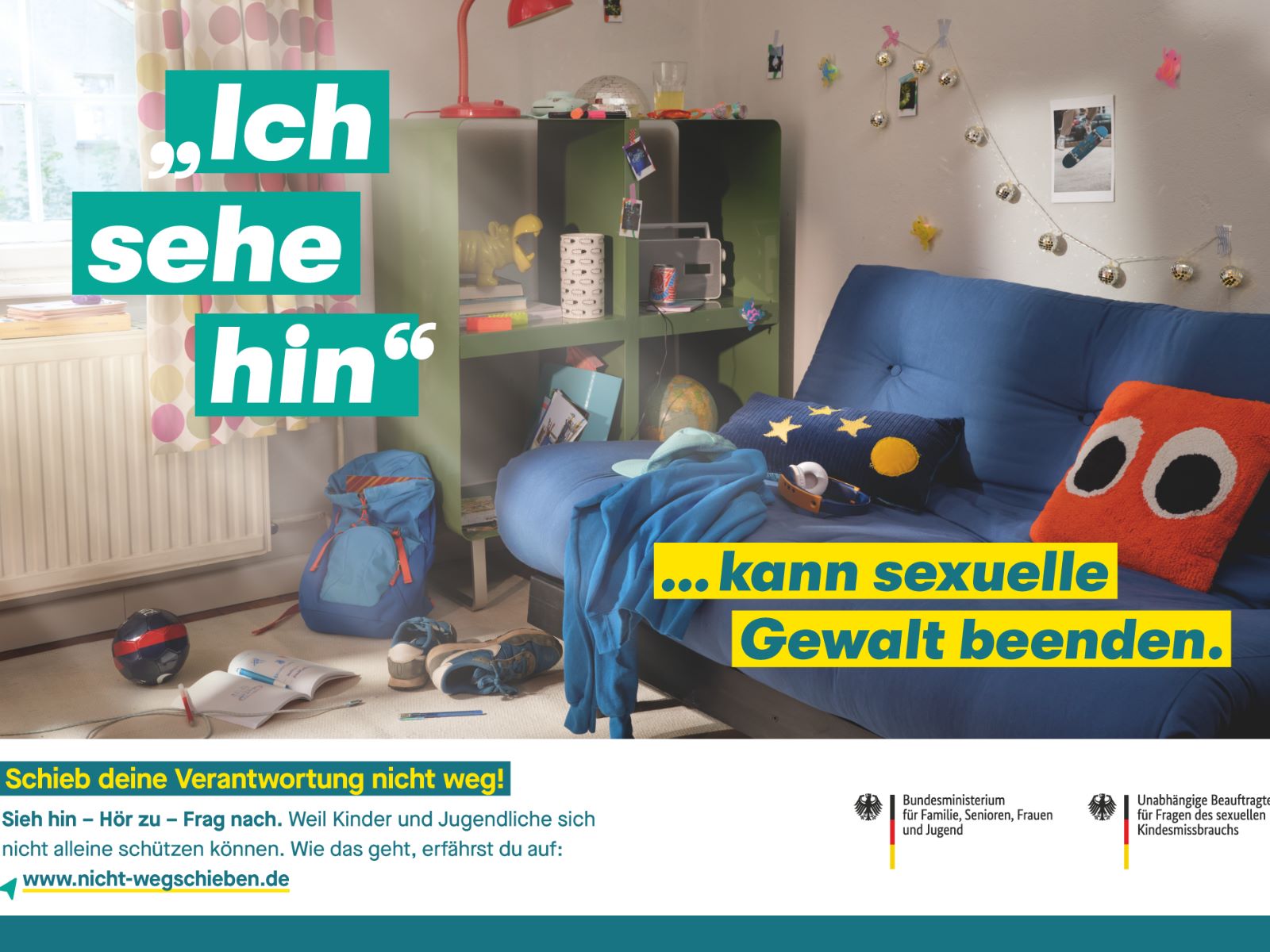 Blick in Kinderzimmer/Jugendzimmer mit dem Schriftzug "Ich sehe hin ...kann sexuelle Gewalt beenden."