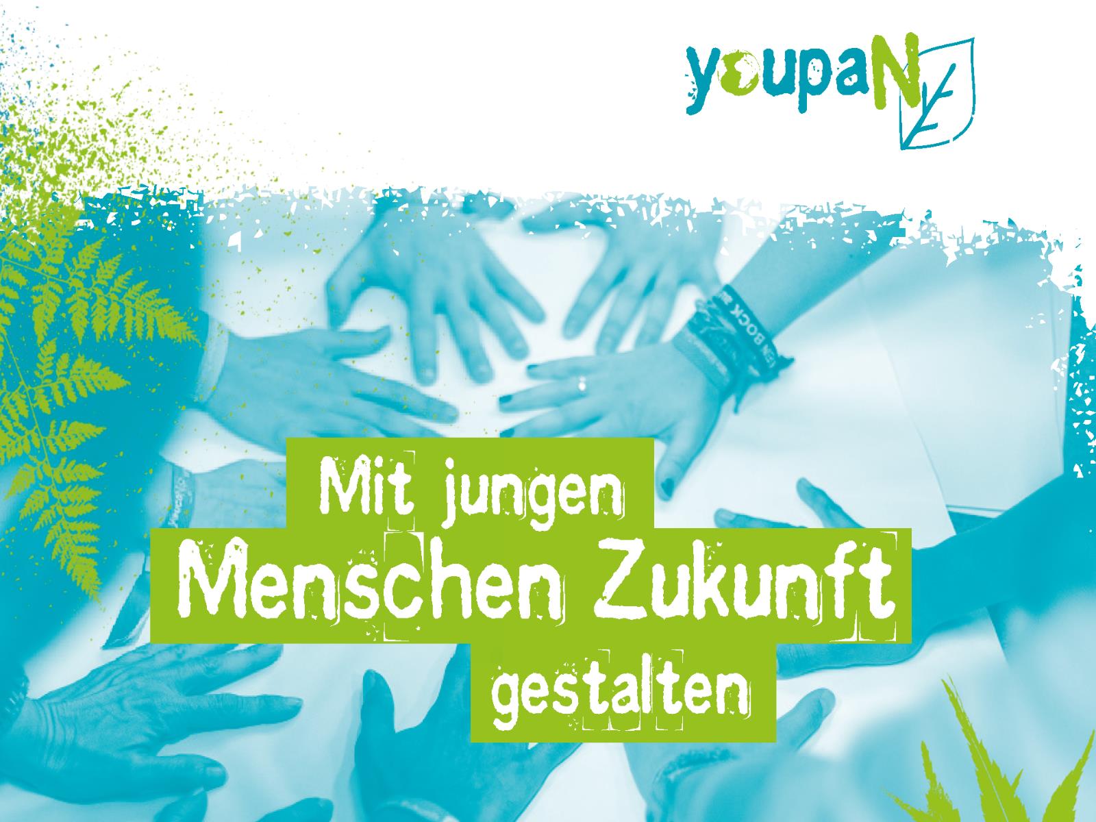 Blau-Grüne Grafik mit Händen und youpaN-Logo
