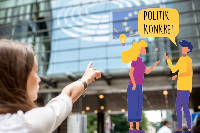 Comic-Figuren mit Sprechblasen vor EU-Parlament